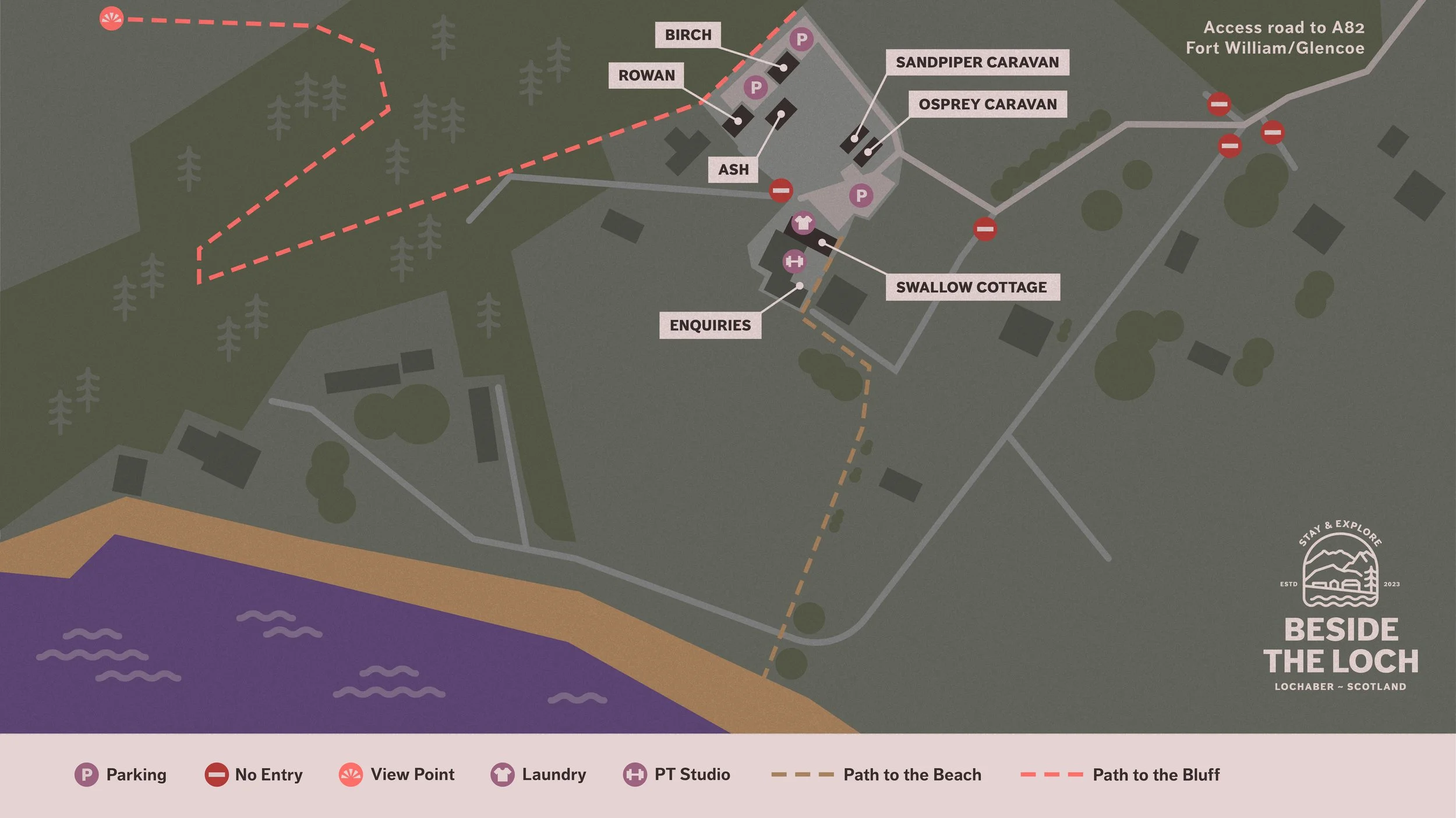Map of the Beside the Loch site in Lochaber, Scotland, showing parking areas, no entry zones, view points, laundry, PT studio, paths to the beach, and paths to the bluff. Notable locations include the Sandipper Caravan, Osprey Caravan, Swallow Cottage, and the access road to A82 Fort William/Glencoe. The beach is at the bottom of the map.