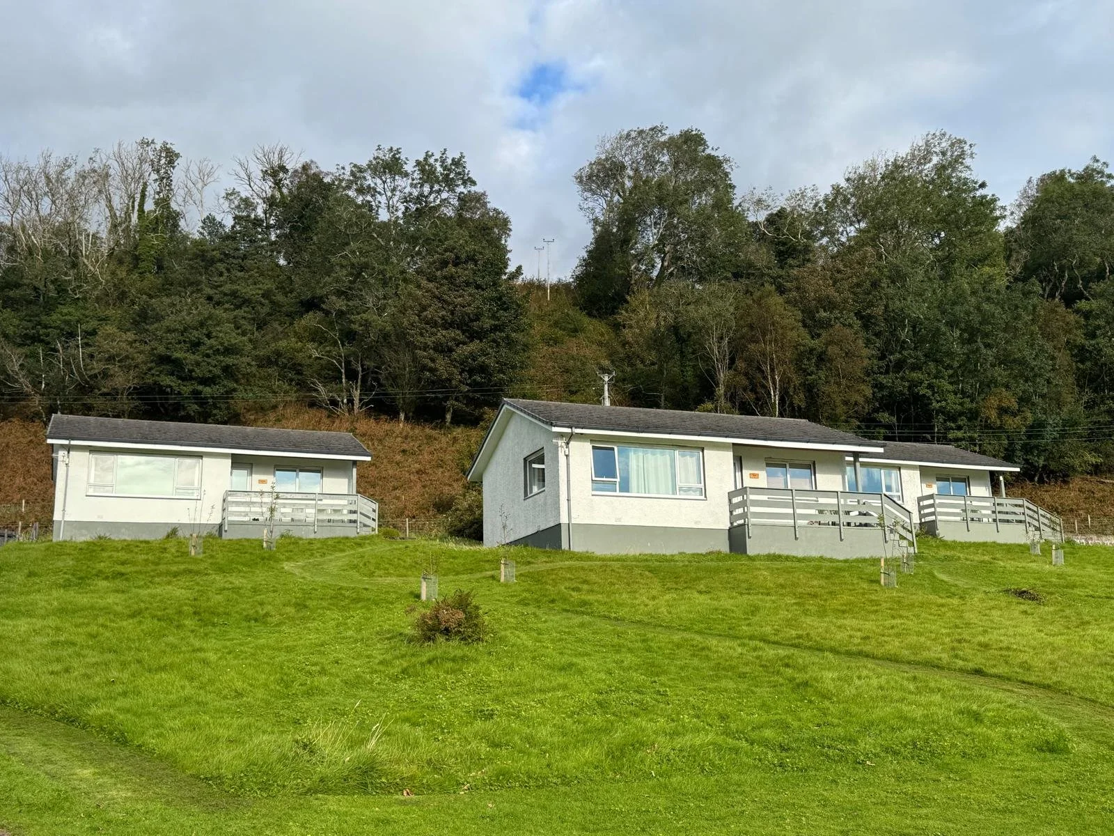 Two white houses on a grassy hill with a forested area in the background.