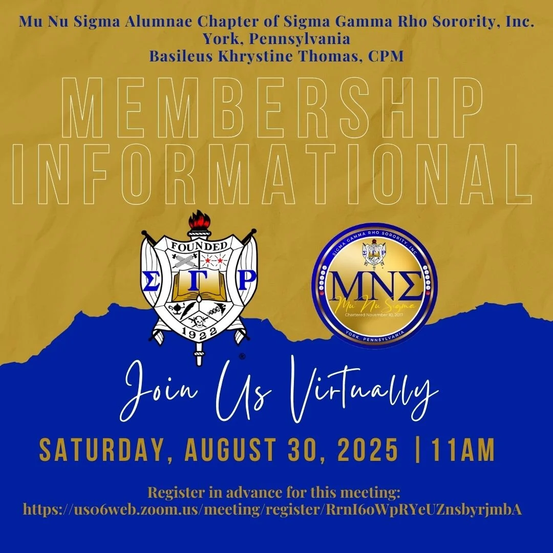 Are YOU ready to join Sigma Gamma Rho Sorority, Incorporated? This post if for you!

Join us for our Informational Meeting to learn how you can become part of the Magnificent Mu Nu Sigma Alumnae Chapter! 

📅 Date: Saturday, August 30, 2025 at 11:00 