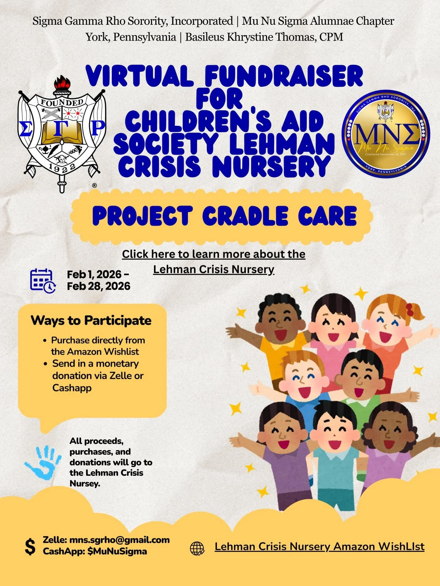 Through our Project Cradle Care initiative, we are hosting a Virtual Drive benefiting the Lehman Crisis Center in York, PA. Lehman supports families in need by offering 24/7 short-term respite care for children newborn to six years old, serving as a 