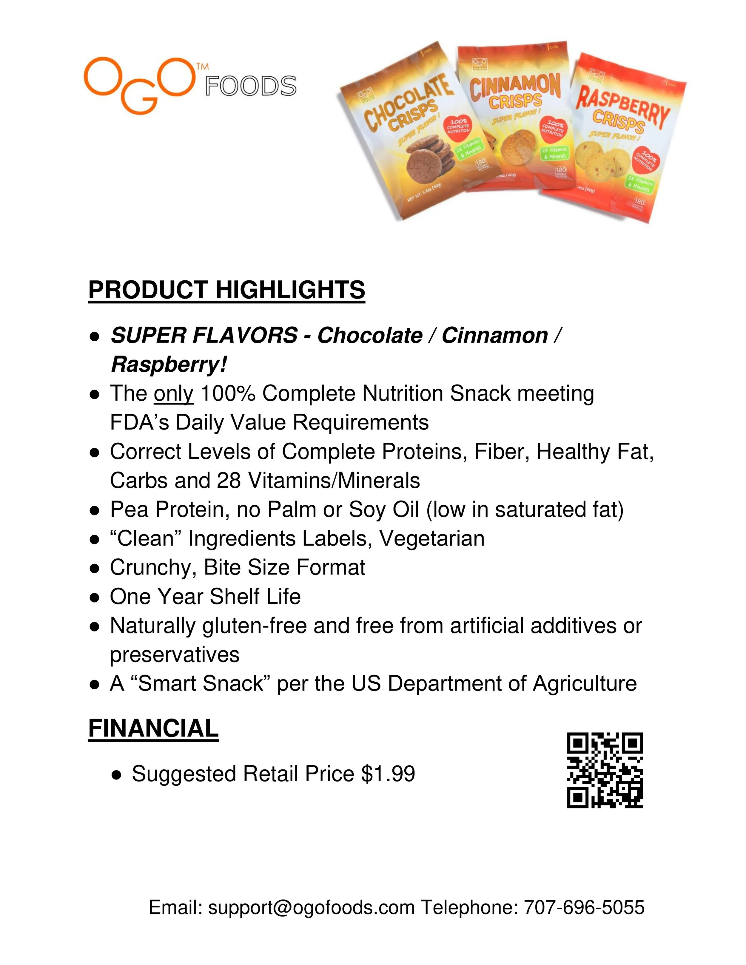 Ogo Foods product flyer featuring Chocolate, Cinnamon, Raspberry Crisps; highlights include complete nutrition, pea protein, clean ingredients, gluten-free, smart snack status, suggested retail price $1.99, contact info at bottom.