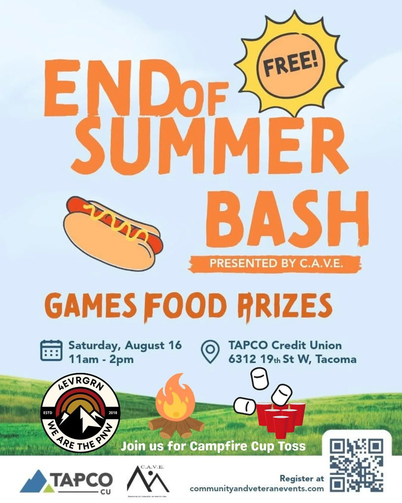 We had so much fun at Carnival we&rsquo;re bringing Campfire Cup Toss to @tapcocu with @cave_wa for the End of Summer Bash 🥳 Bring the family for a FREE fun day of Tacoma community!

🌭Enjoy BBQ
🎯Kid Games
🎨 Face Painting
🎟️ Prizes
And more 🎉

W