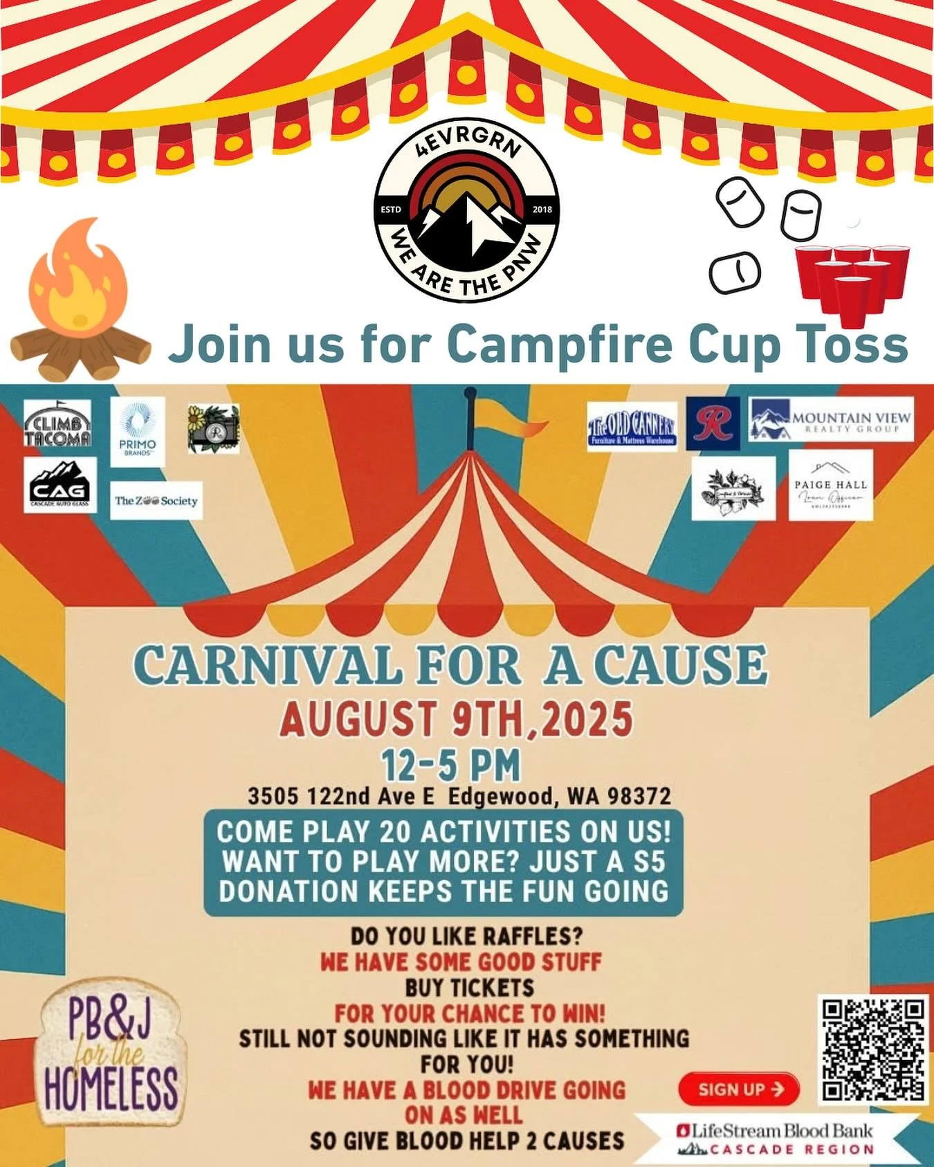 🎟️ Get ready for some family fun! Carnival for a Cause is the biggest fundraising event for @pbj_for_the_homeless_ 🥪 Bring your family and friends to play games and win prizes. Say hi to Liz and try your hand at Campfire Cup Toss! 🪵🔥

🥇 50/50 Ra