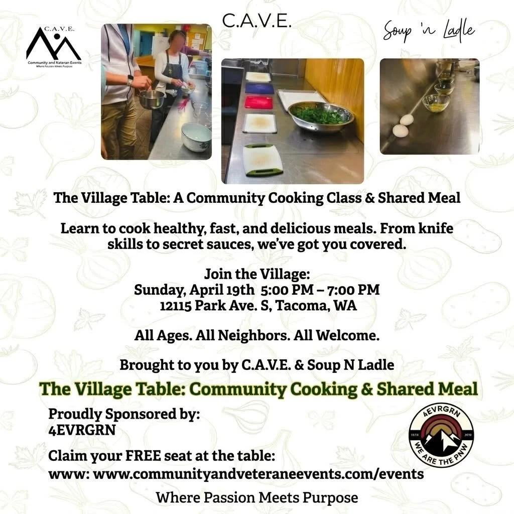 Good food tastes better when shared. 🍽️ We are honored to sponsor @cave_wa The Village Table on Sunday, April 19. 

We are partnering with Soup &lsquo;N Ladle for a special evening. This event features a community cooking class and a shared meal.

I