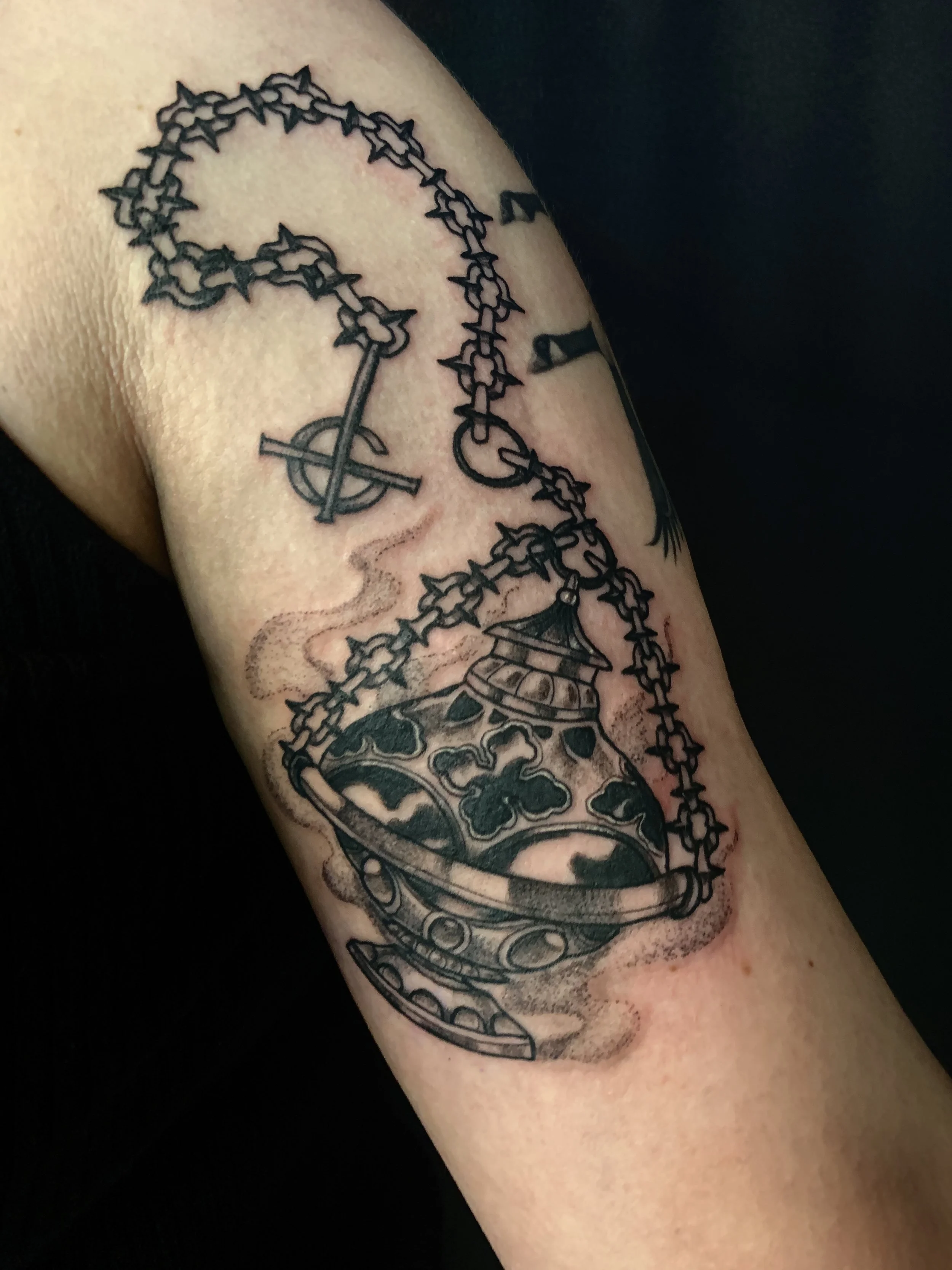 Catholic Incense Burner Black and grey arm tattoo