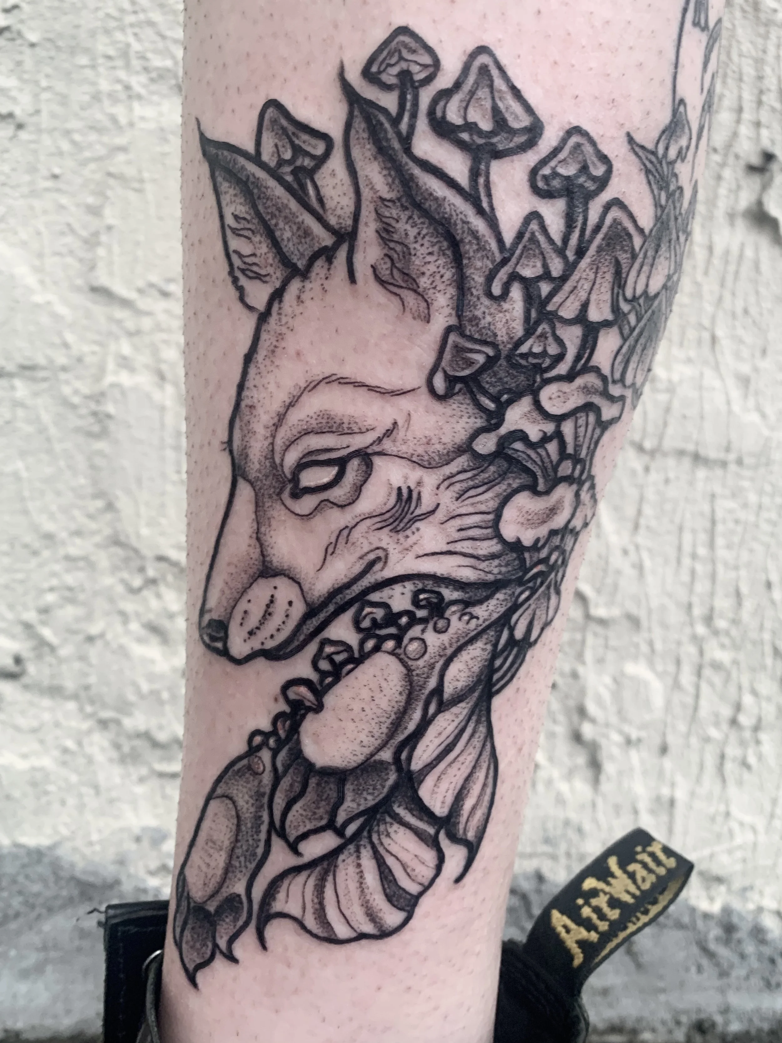 Fox and mushroom black and grey tattoo leg sleeve