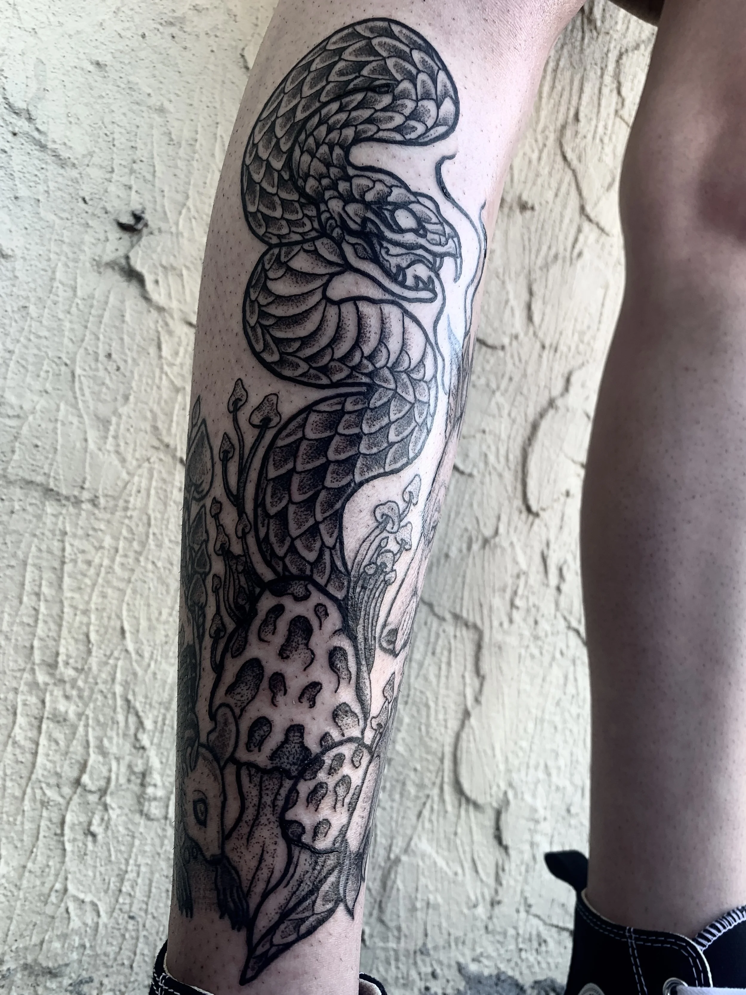 Snake and mushroom leg sleeve tattoo