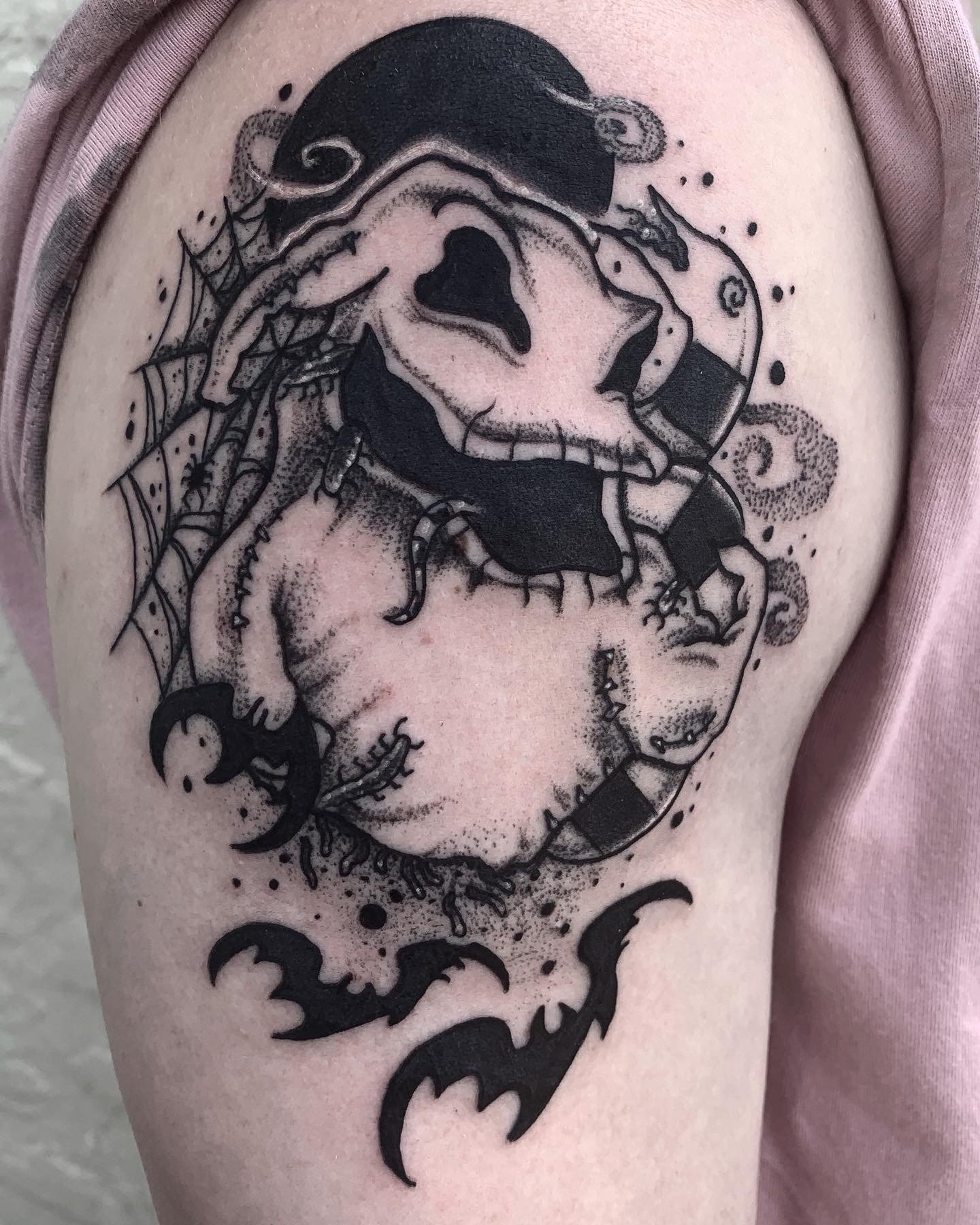 "Nightmare Before Christmas" black and grey tattoo.