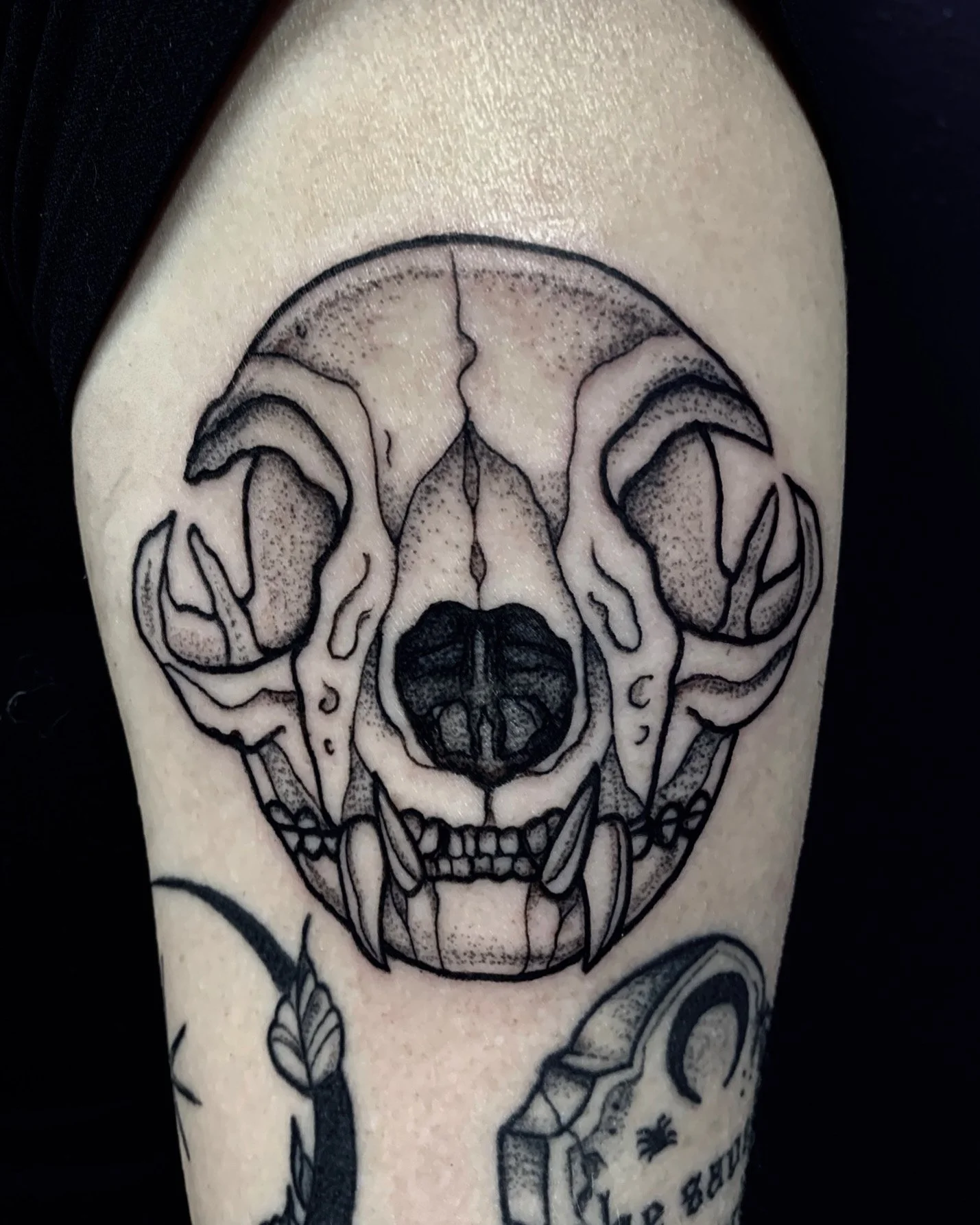 cat skull black and grey tattoo