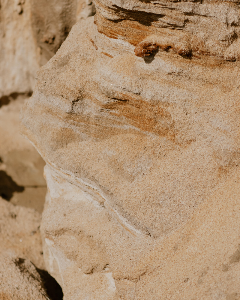 Close-up of textured sandstone rock formation with layers and natural colors.