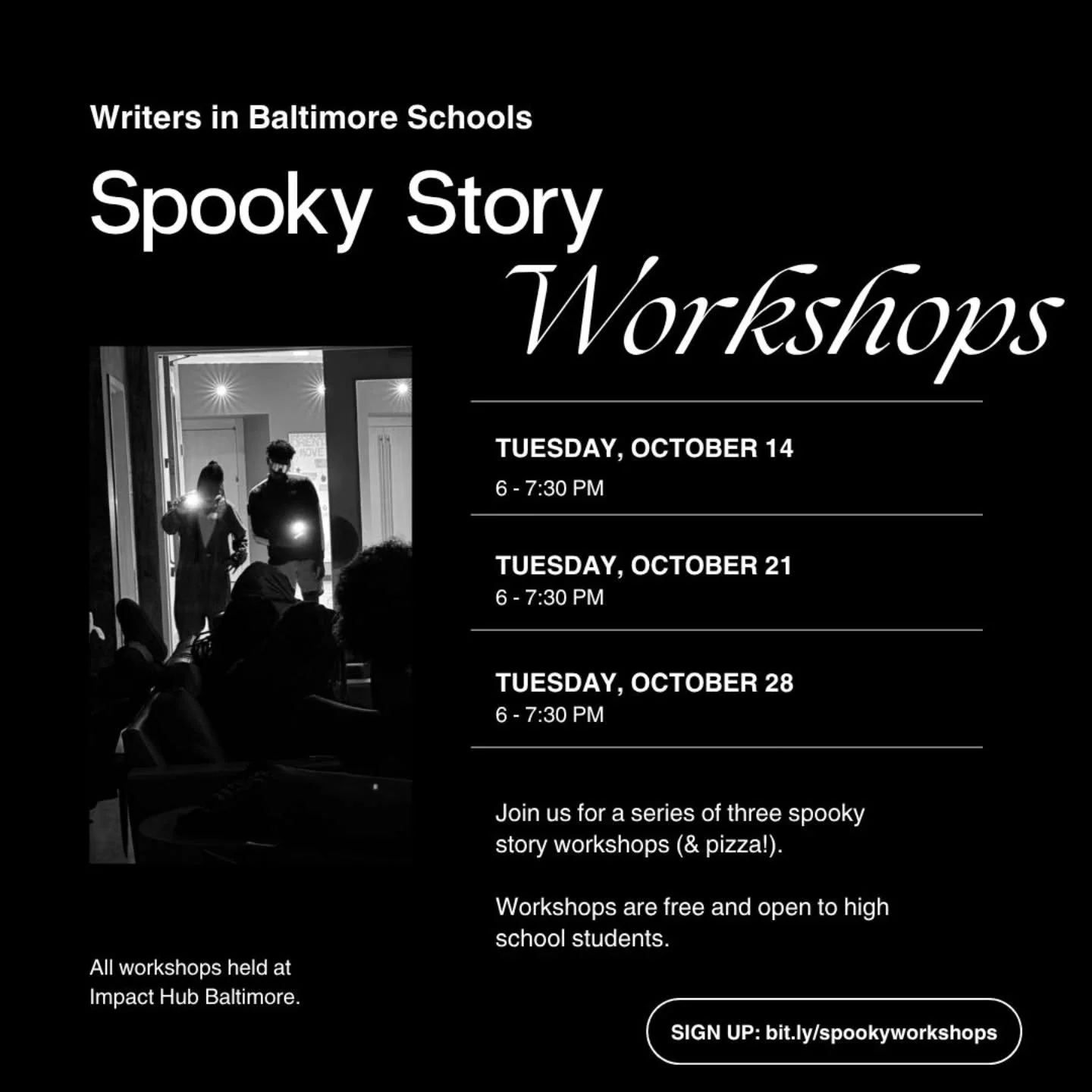 High school writers! We've got some spots available in this workshop series, which begins this Tuesday, Oct. 14. Sign up at bit.ly/spookyworkshops