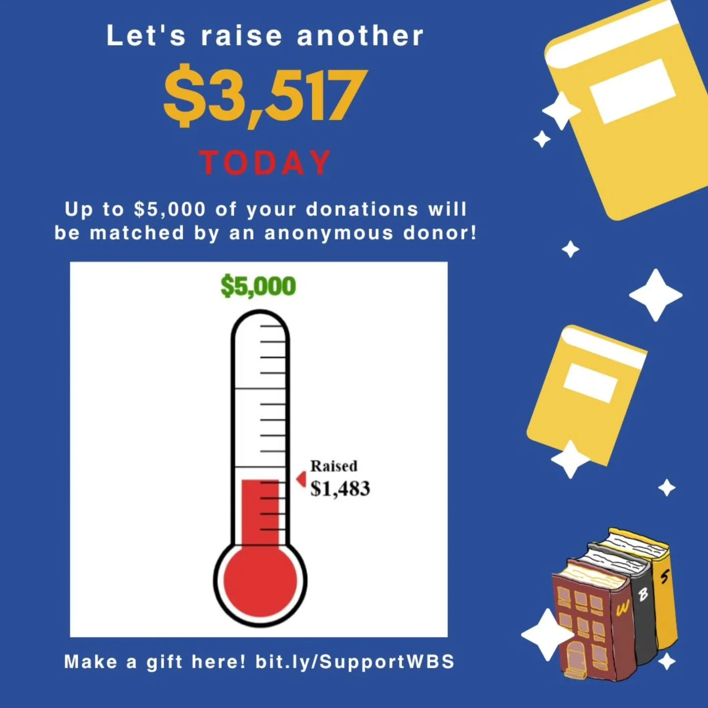 We're $3,517 away from hitting today's goal of $5K, which will be matched by an anonymous donor!

Make your gift at bit.ly/SupportWBS