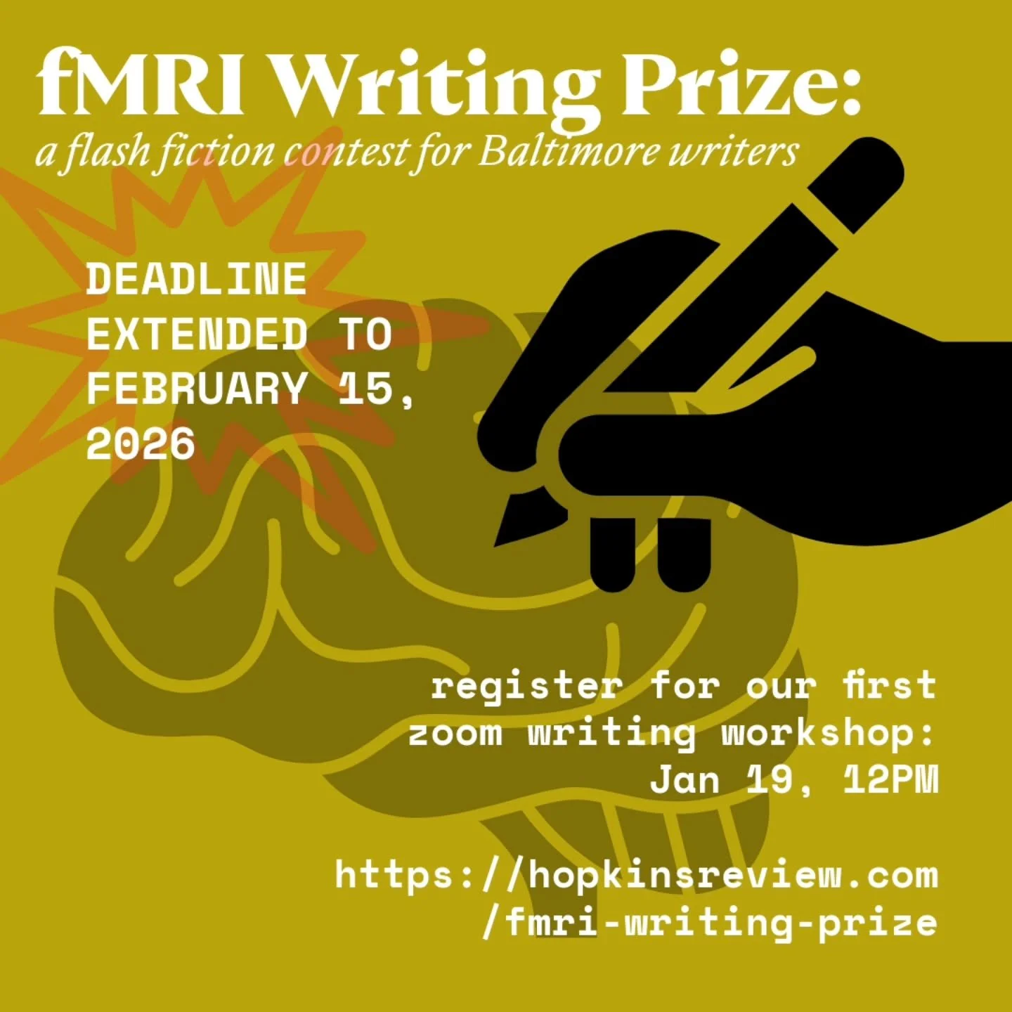 Calling high school writers from Baltimore! Calling adult writers from Baltimore!

On Monday, January 19, check out a *free* generative writing workshop hosted by @thehopkinsreview in tandem with their fMRI Writing Prize. Learn more and register via 