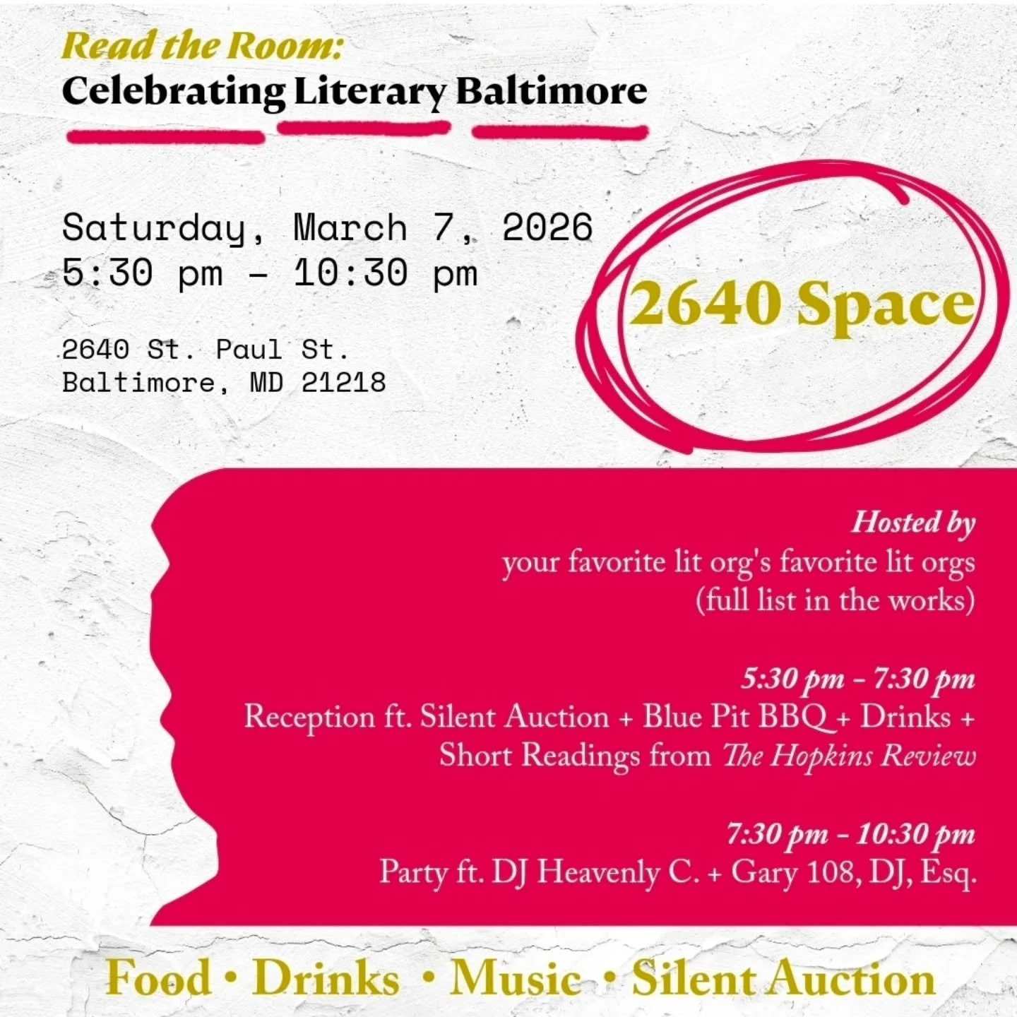 AWP CONFERENCE WRAP PARTY:

Read the Room:
Celebrating Literary Baltimore

Saturday, March 7, 2026
5:30 pm - 10:30 pm
@2640space

Food &bull; Drinks &bull; Music &bull; Silent Auction

5:30 pm - 7:30 pm:

Reception ft. Silent Auction + @bluepitbbq + 