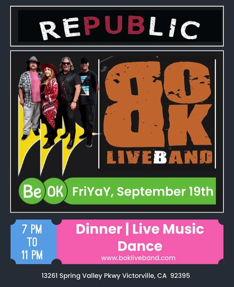 This Friday! Be Okay @republicsvl 
Dinner, Dancing, Food and Fun!