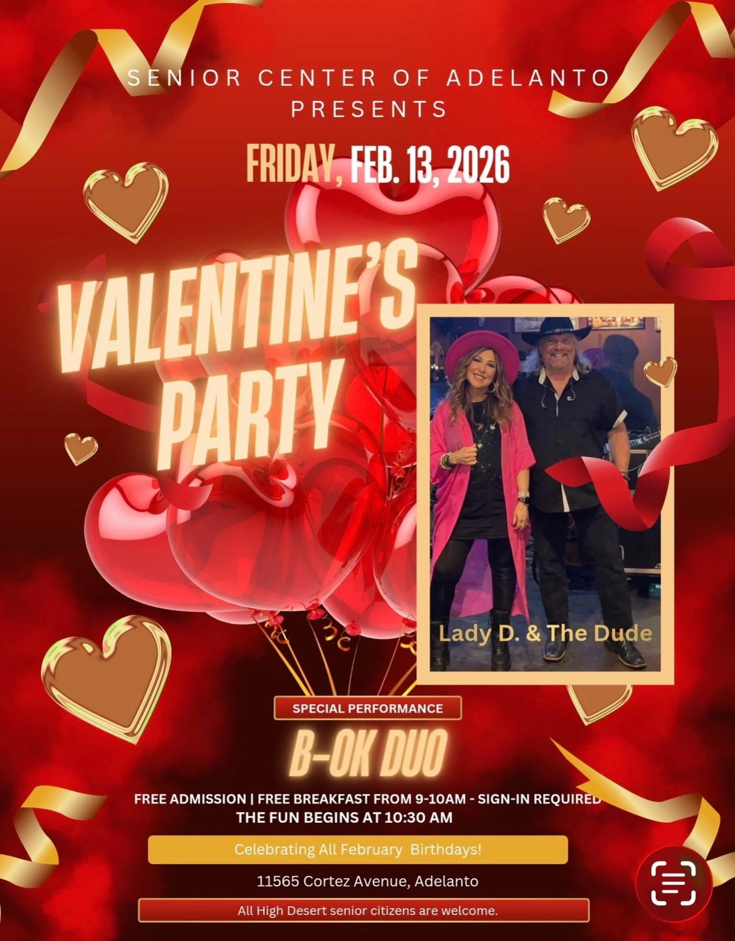 Calling all Seniors February 13th
Free breakfast 9:00-10:00 am
Live performance at 10:30 with B&bull;OK DUO.