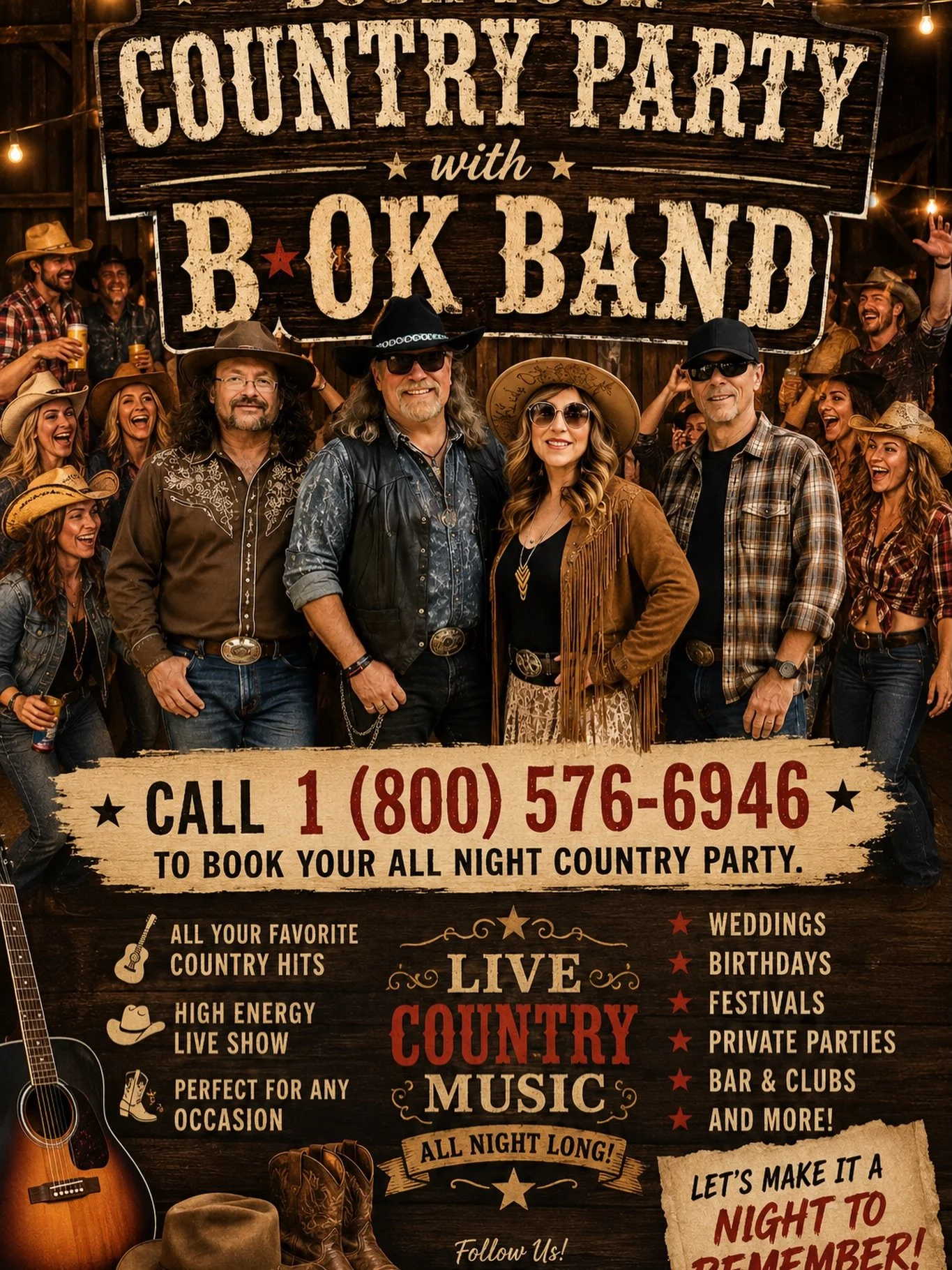 You want a night of all country? We got you! 
B&bull;OK provides a variety of music and can also cater your event to a night of country, 70&rsquo;s, 80&rsquo;s and Rock. 
Let us bring music to your event. 
#everythingsgonnabeokay