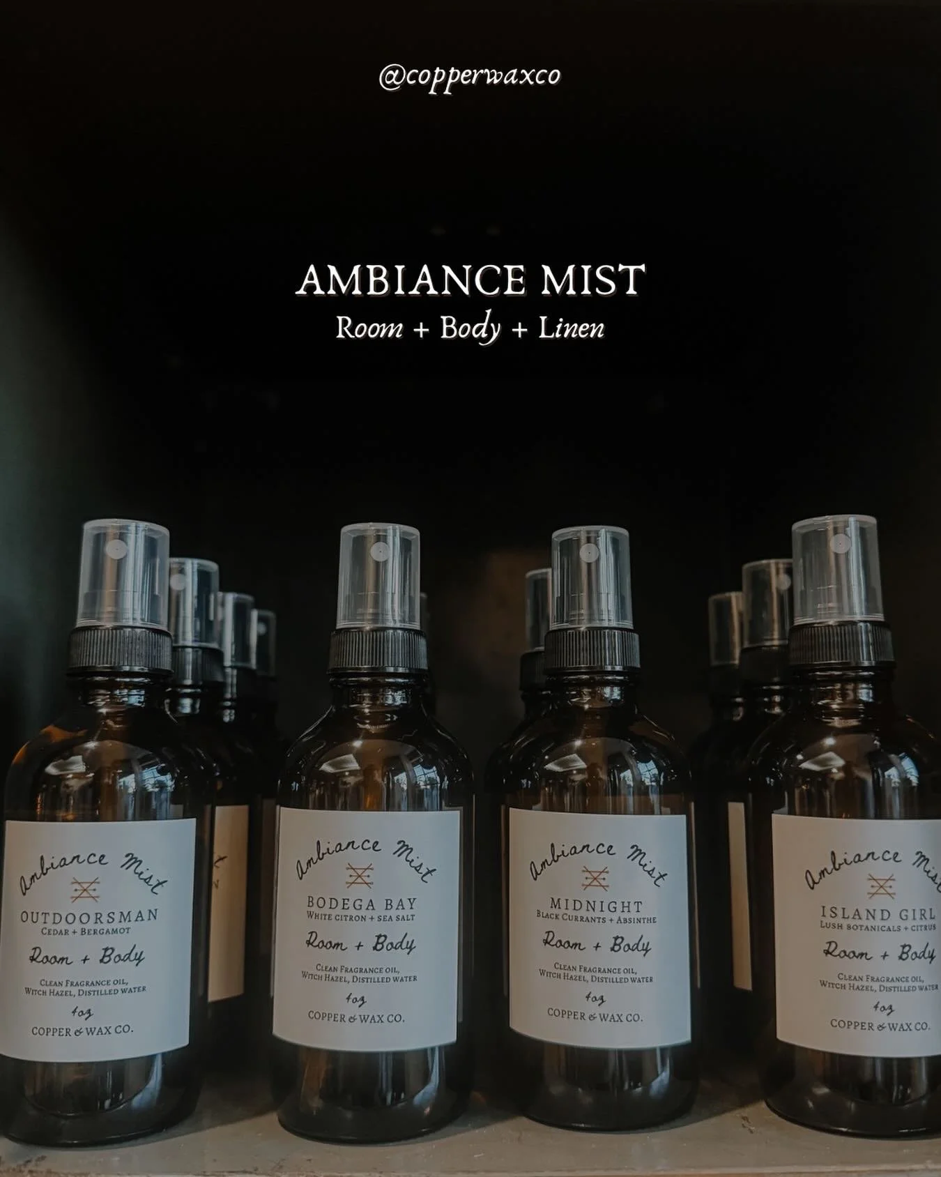Ambiance Mist: crafted with witch-hazel + distilled water 💧 

Three uses in one 🧡 Refresh your space or use as body mist!

Available in:

Island Girl
Midnight
Outdoorsman
Hemingway 
Bodega Bay
Taos

https://www.copperwaxco.com/store/p/ambiance-mist