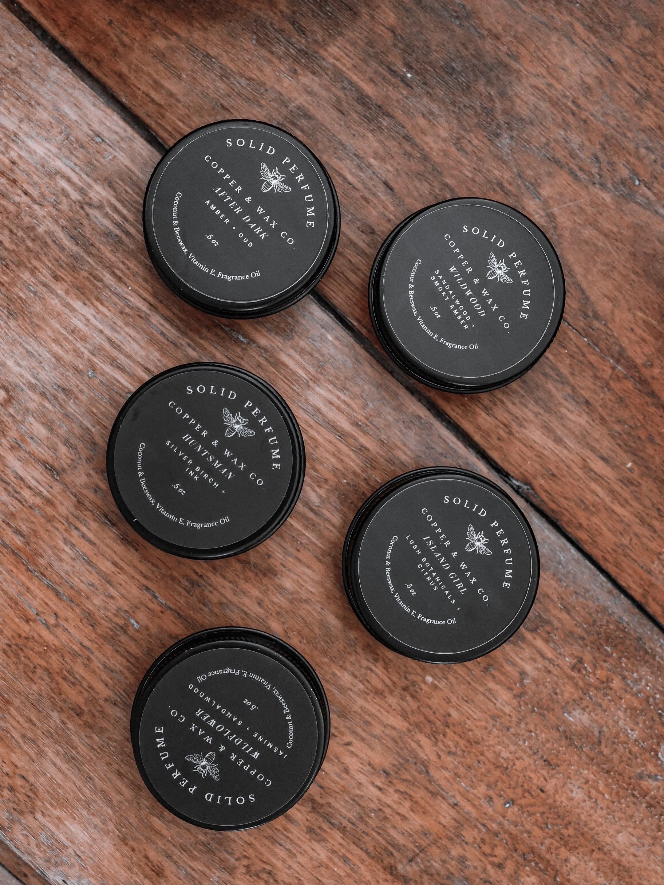 🧡Solid perfumes - a wax based balm perfectly packaged in a .5oz tin for travel or day adventures!💫

Choose from:

🥥 Island Girl
🌸Wildflower 
🪵Wildwood - discontinued - when it&rsquo;s out it&rsquo;s gone! 
🖤After Dark
🖊️Huntsman
🍊Hemingway 
?