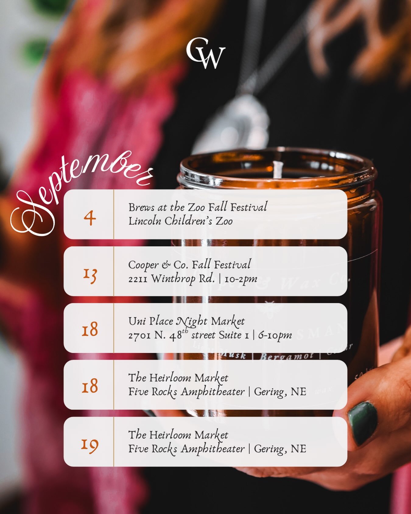 🍃Where to find us this September! 🕯️🍎

https://www.copperwaxco.com/markets