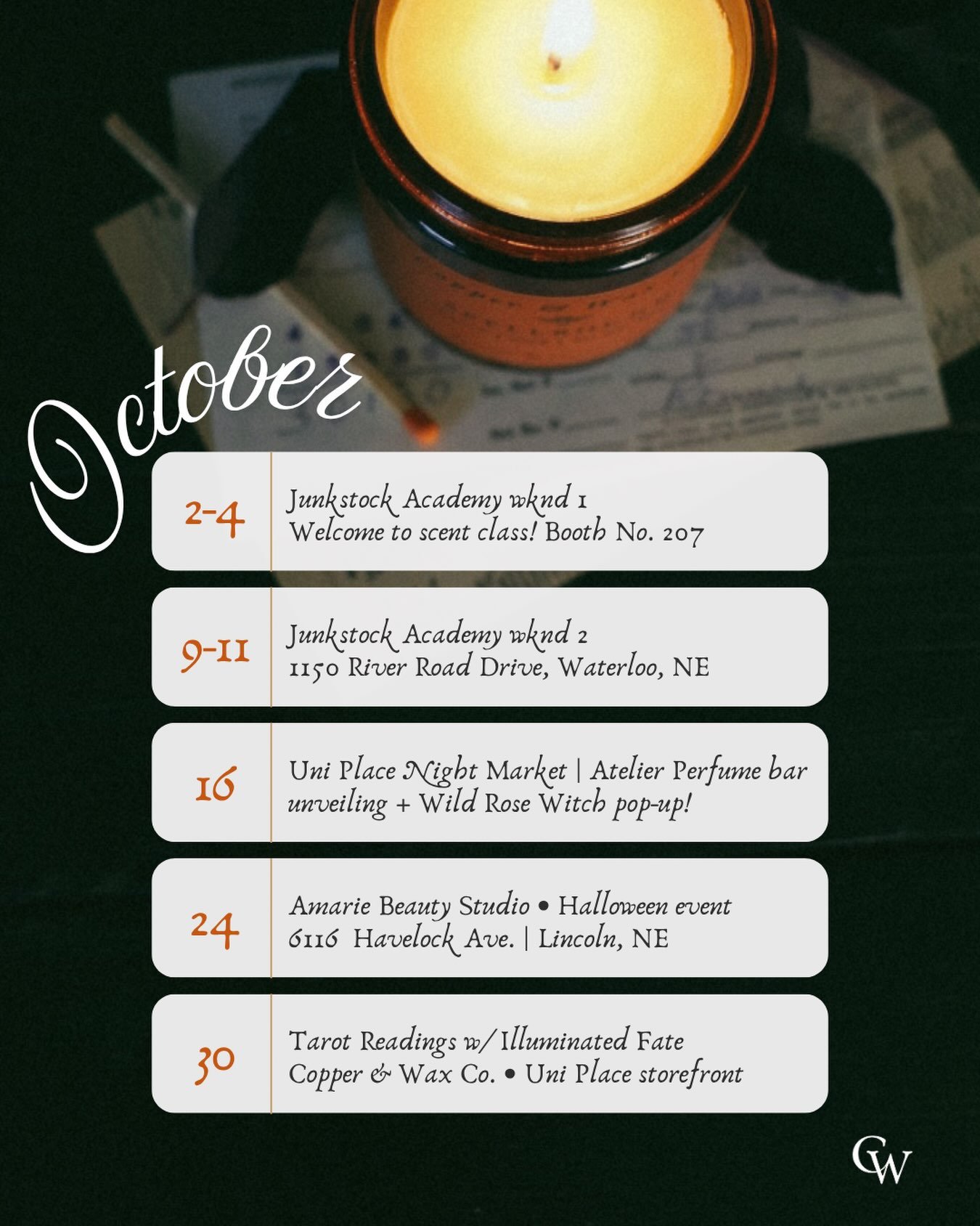 🍂Happy October! Check out what we have going on this month! Starting with @junkstock 🧡

📚We&rsquo;ll meet you in &ldquo;Scent Class&rdquo; Room 207! 🕯️