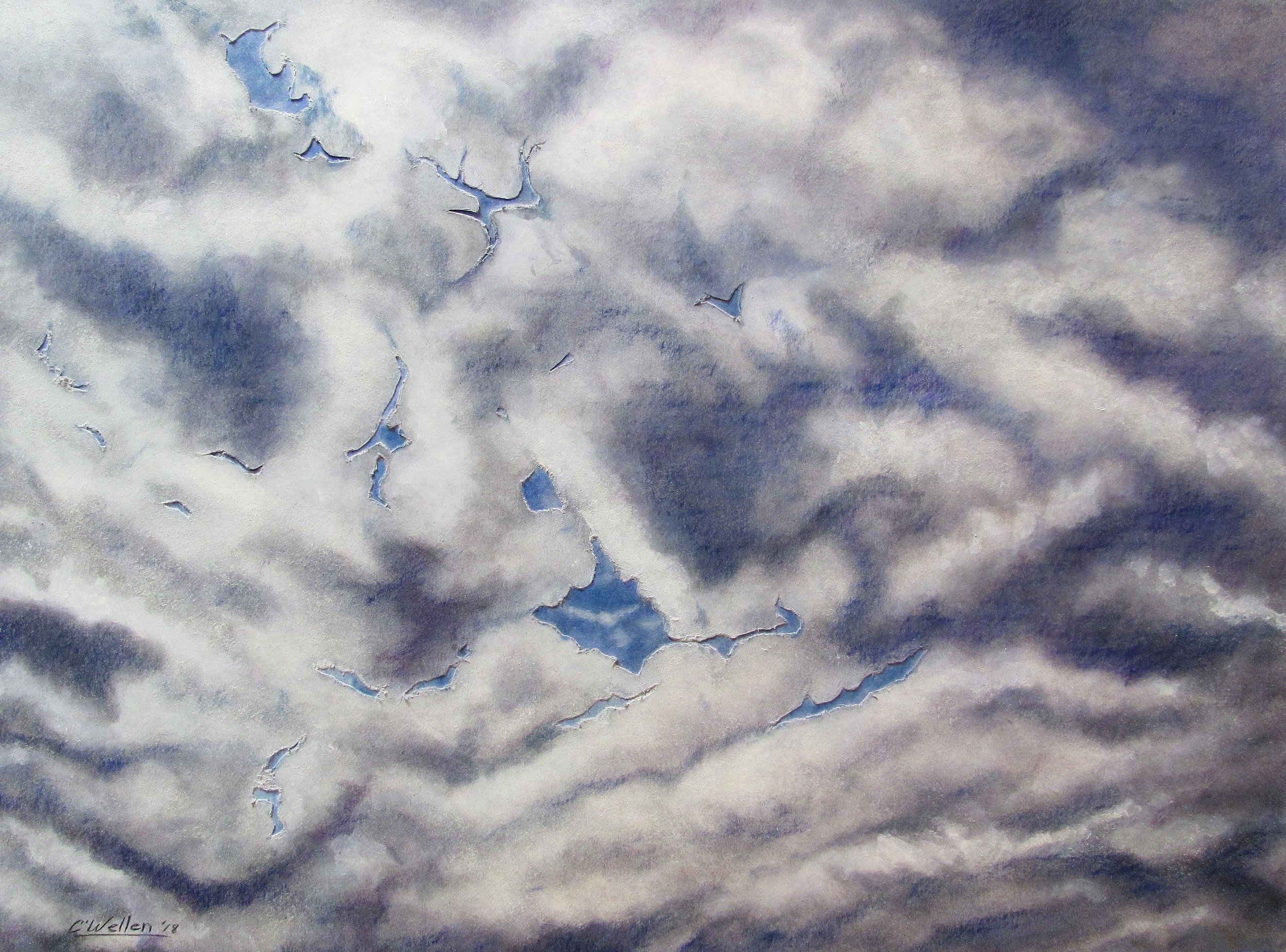 Cut-open Sky, (2018) Collage on Deckle Paper Multi-media, Pastel/Pencil/Acrylic, (22" x 30")