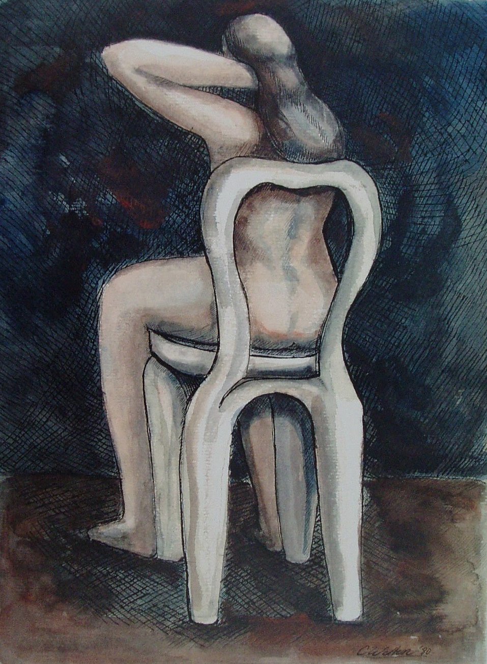 Seated Figure (1980), Acrylic and Pen (14” x 18”)