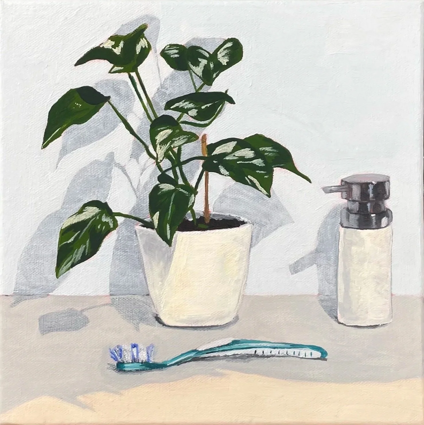 Plant, soap, toothbrush, acrylic on canvas, 28 x 28 cm SOLD