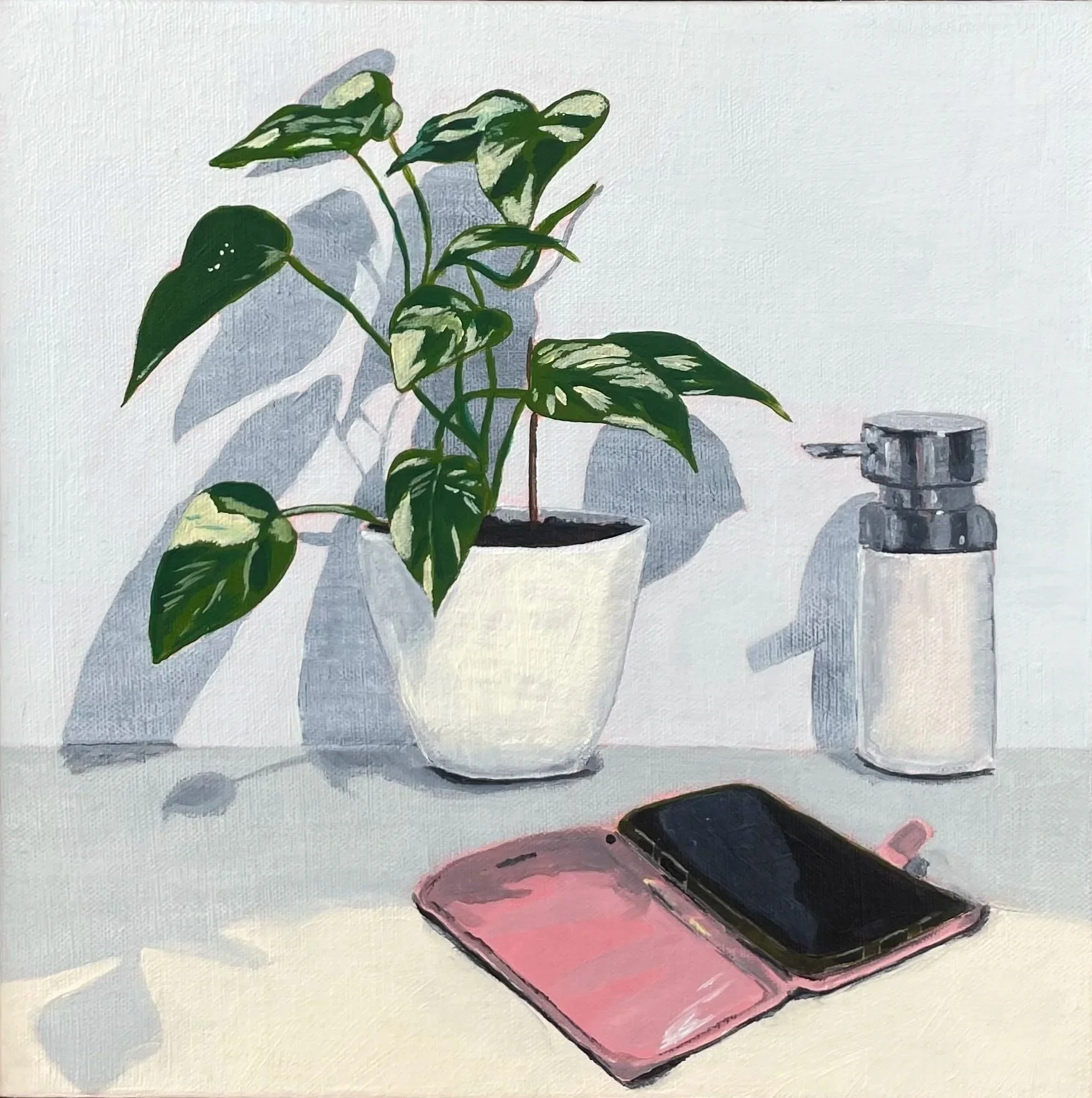 Plant, soap, phone, acrylic on canvas, 28 x 28 cm, framed SOLD 