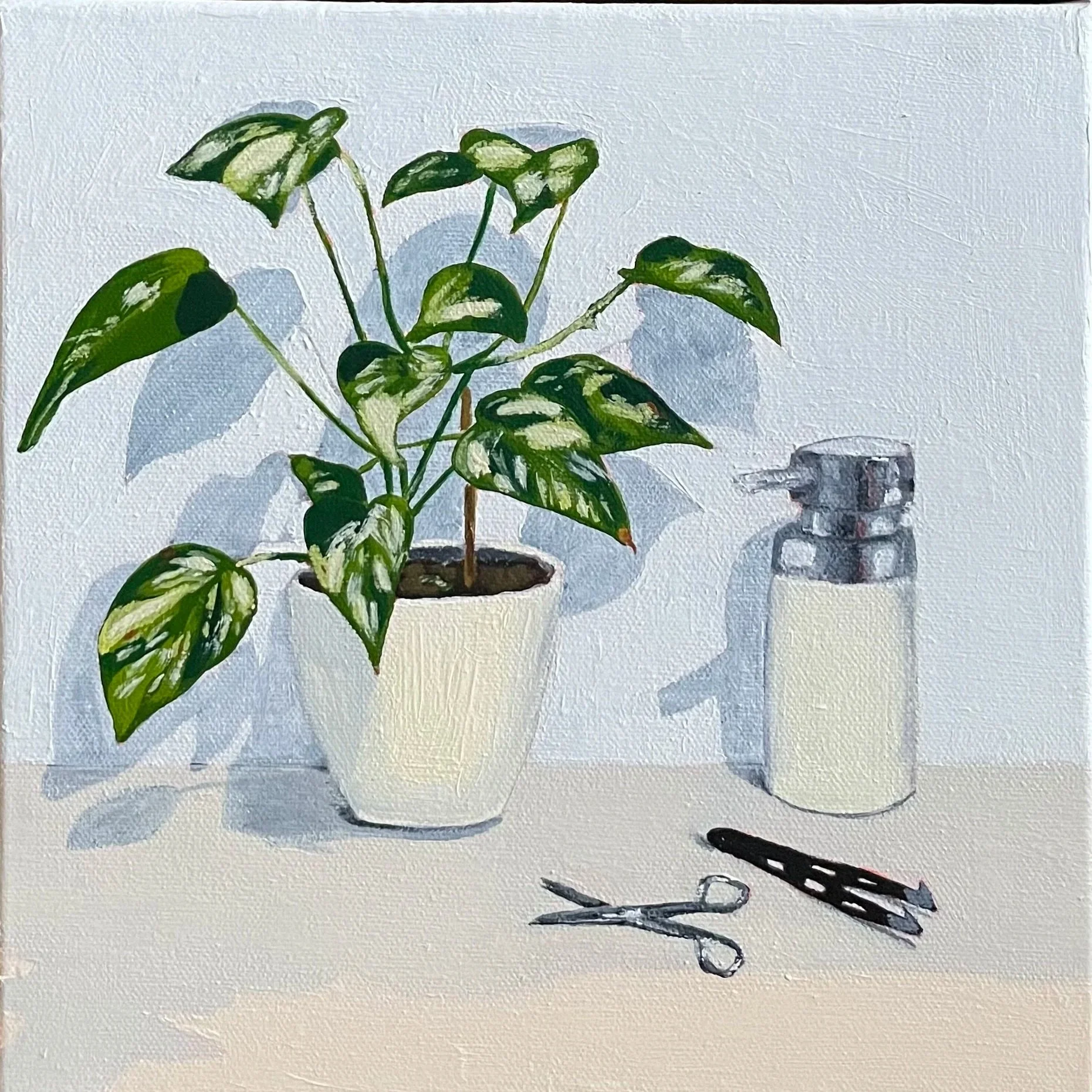 Plant, soap, scissors, tweezers, acrylic on canvas, 28 x 28 cm, framed SOLD 