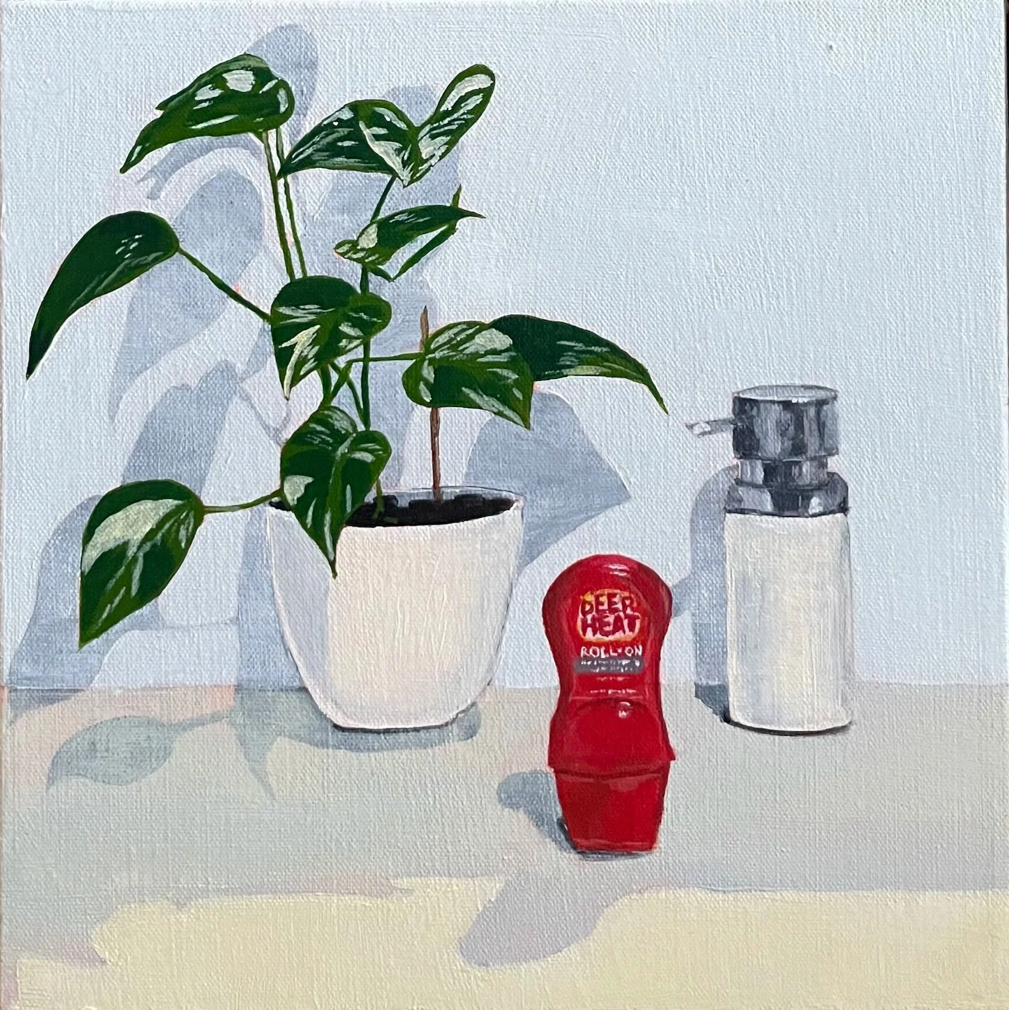 Plant, soap, deep heat, acrylic on canvas, 28 x 28 cm, framed SOLD