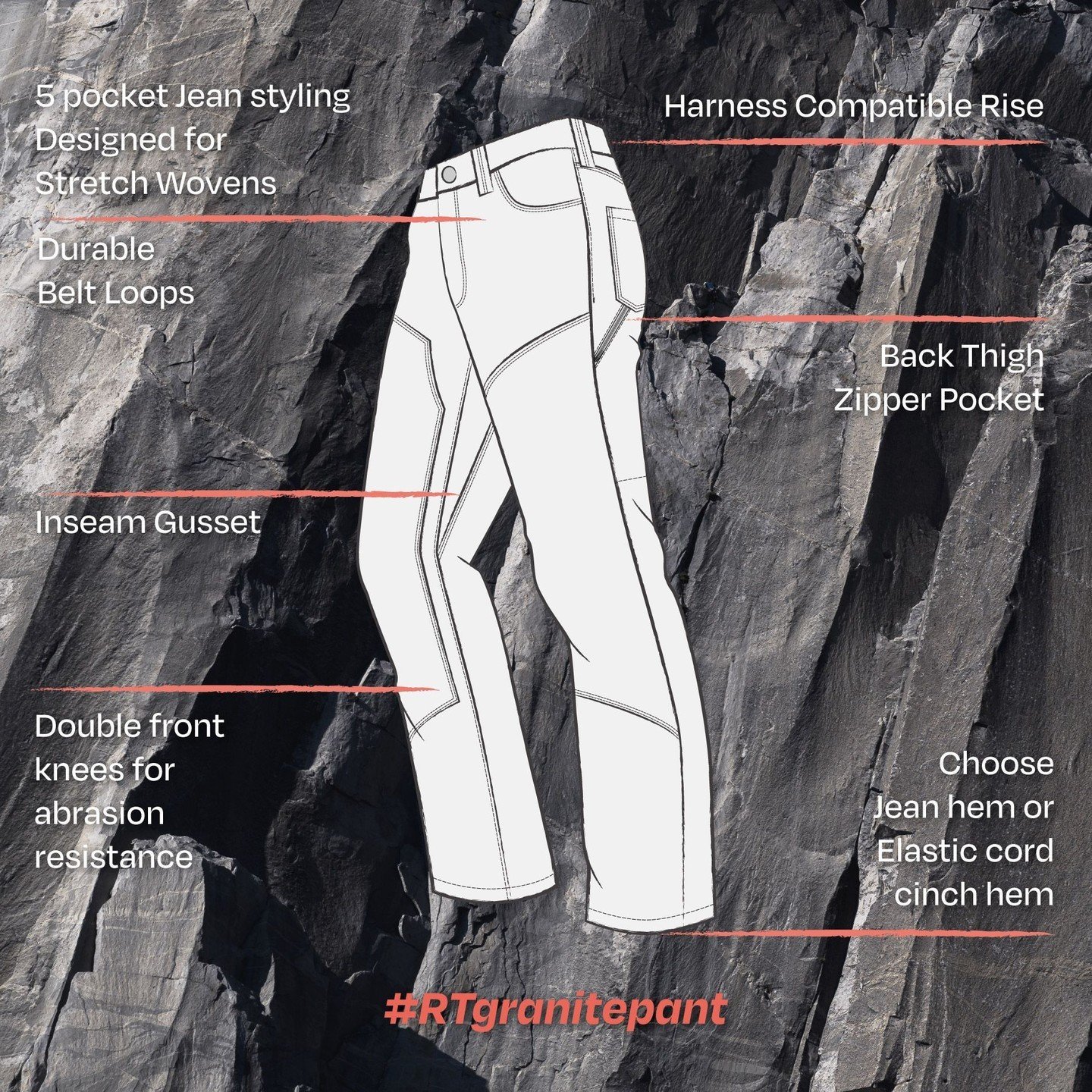 Ever wanted to make your own hiking pants?! The #RTgranitepants are designed for style AND function. Based off of a traditional 5 pocket jean silhouette, these sew up beautifully in a stretch denim or a midnight technical hiking pant fabric. 

Featur