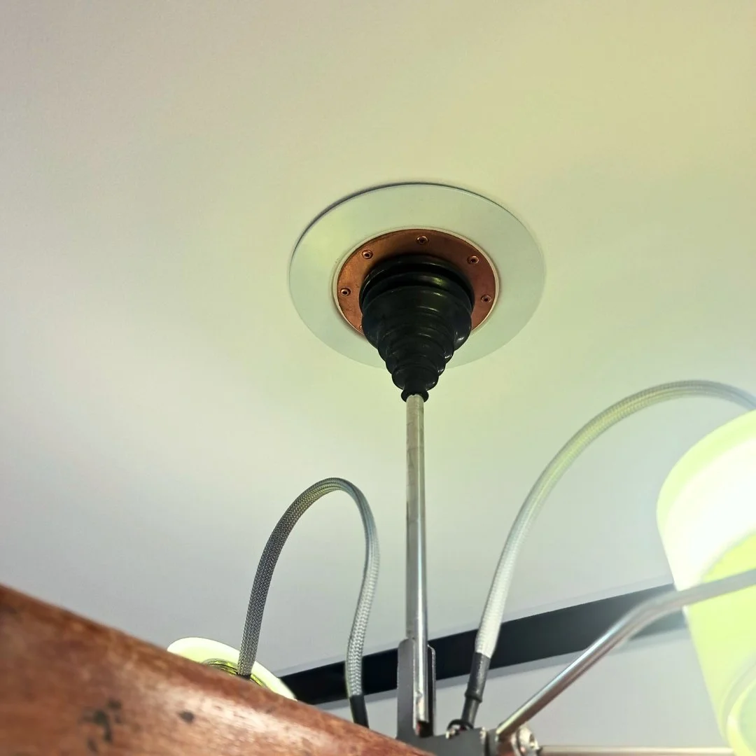 repurposed lamps, surveyors staff lamp, creative lighting, one off lamps, funky lamp designs, bespoke lamps handmade lamps.