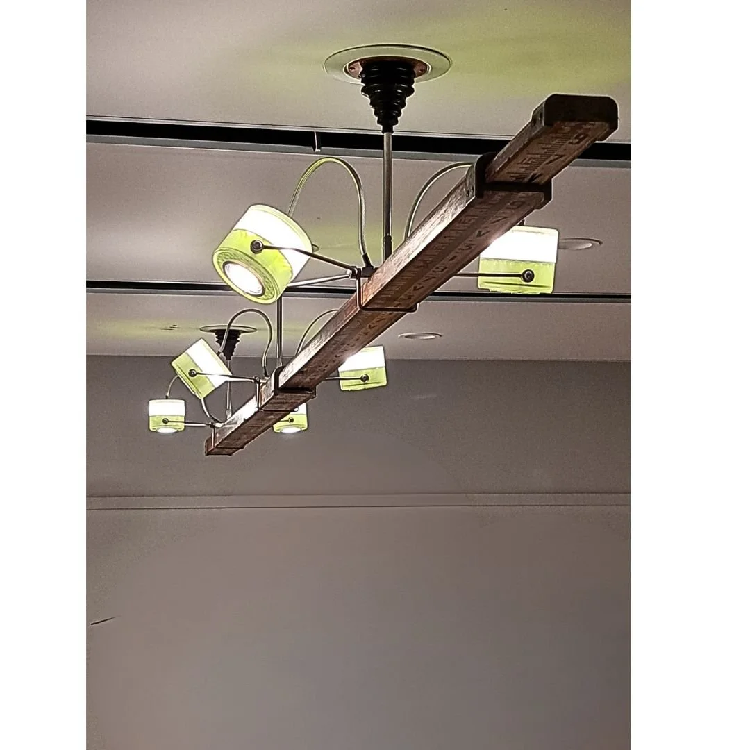 repurposed lamps, surveyors staff lamp, creative lighting, one off lamps, bespoke lamps handmade lamps.