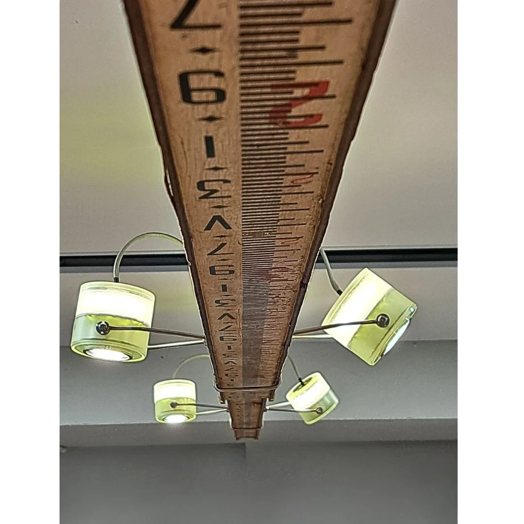 repurposed lamps, surveyors staff lamp, creative lighting, one off lamps, funky lamp designs, bespoke lamps handmade lamps.
