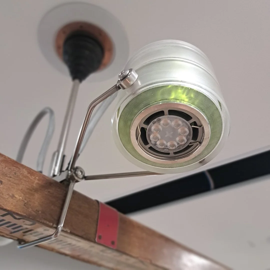 repurposed lamps, surveyors staff lamp, creative lighting, one off lamps, funky lamp designs, bespoke lamps handmade lamps.