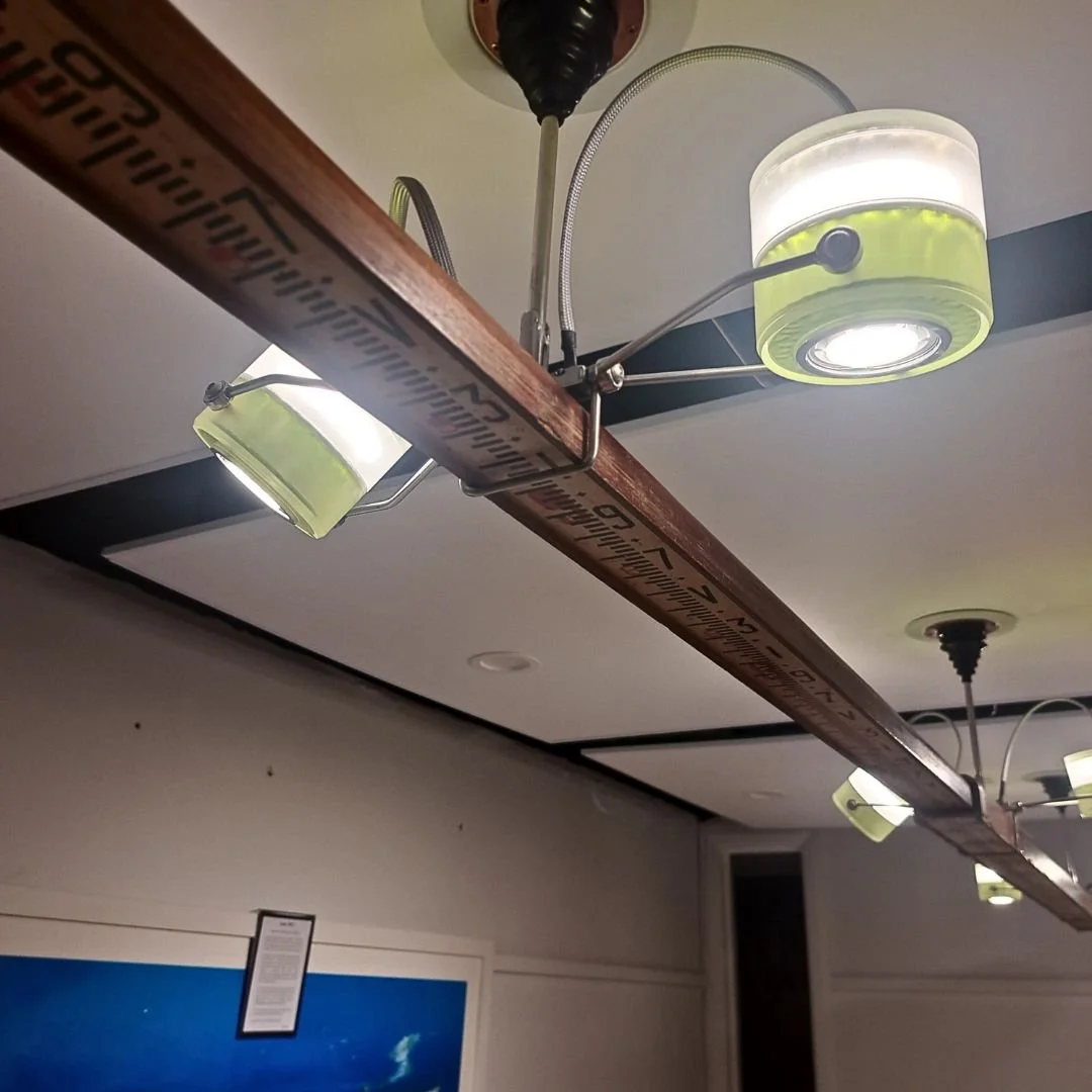 repurposed lamps, surveyors staff lamp, creative lighting, one off lamps, funky lamp designs, bespoke lamps handmade lamps.