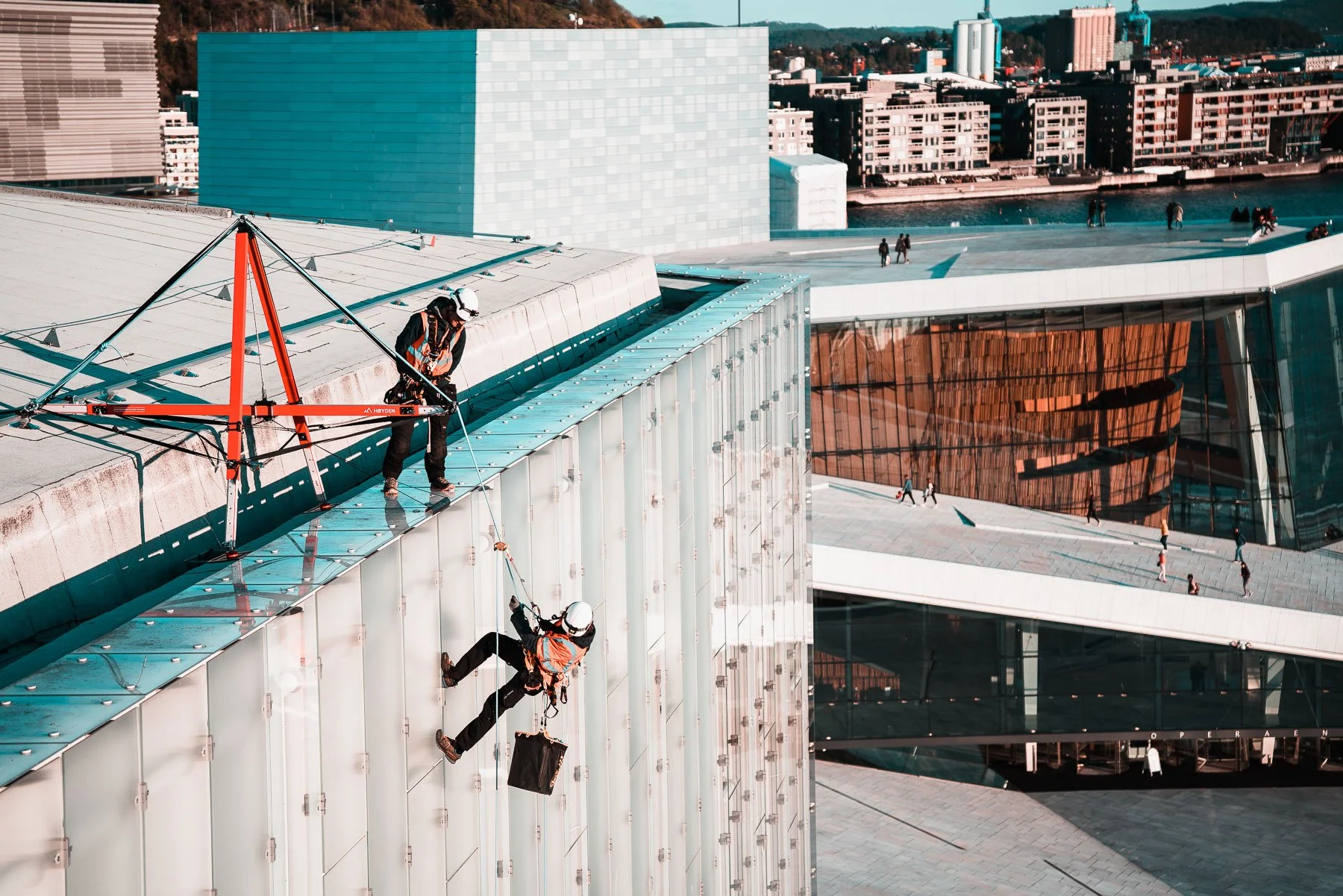 Bespoke davit arm system installed by Høyden Global for facade access on Nordic building