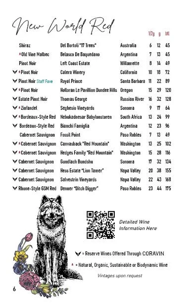 A wine list titled 'New World Reds' with various wine options from different regions, including Shiraz, Malbec, Pinot Noir, and Cabernet Sauvignon, along with their prices, alcohol percentages, and bottle sizes. The list features some noted wines like 'Del Bortoli '97 Trees', 'Left Coast Estate', and 'Hedges Family 'Red Mountain''. At the bottom, there is an illustration of a wolf's head, some flowers, and a QR code for detailed wine information.