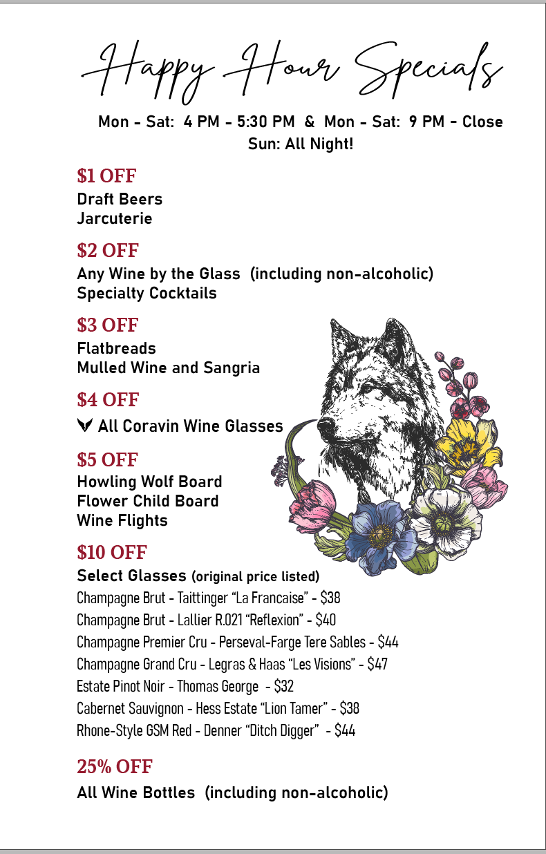 Sign listing happy hour specials with discounts on draft beers, wine, cocktails, flatbreads, wine and sangria, wine glasses, and wine bottles, featuring an illustration of a wolf surrounded by colorful flowers.