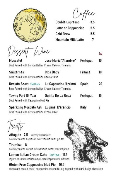 A menu featuring coffee drinks, desserts, and treats with an illustration of a dog's head at the bottom right corner.