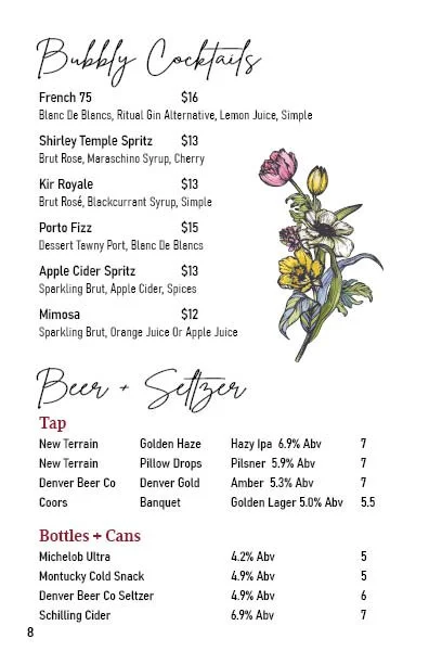 Menu of bubbly cocktails, beers, and seltzers with floral illustration