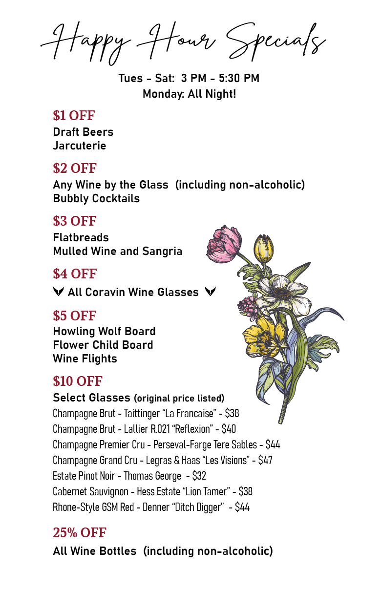 Sign advertising happy hour specials with discounted drinks and wine, accompanied by a floral illustration.