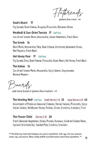 Menu page titled "Flatbreads" and "Boards" with options and descriptions for various pizzas and appetizers.