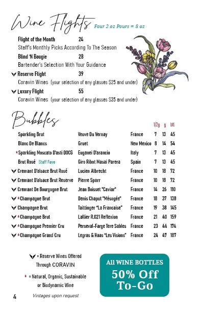 A menu listing wine flights, bubbles, and Champagne options, including wine preferences and prices, with a green and blue label advertising 50% off all wine bottles for to-go orders.