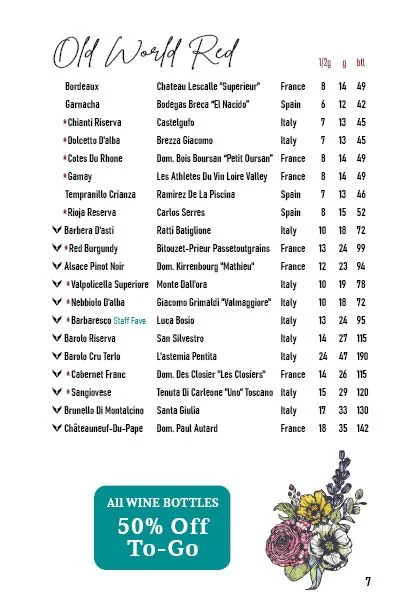 List of wines from various regions including Bordeaux, France; Spain; Italy; and France with names, scores, and prices. An advertisement for 50% off wine bottles to-go is at the bottom, decorated with a floral illustration.