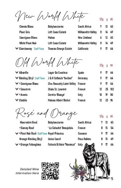 Wine list titled 'New World White,' 'Old World White,' and 'Rosé and Orange' with wine names, regions, alcohol percentages, and bottle sizes, accompanied by a wolf illustration and floral decoration at the bottom.
