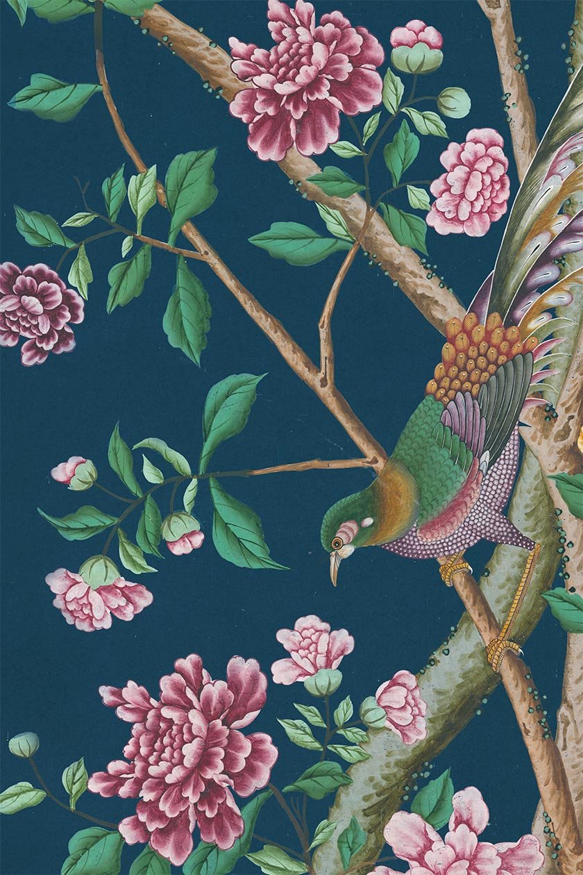 Detail of Abernant wallpaper showing Chinese export motifs on blue ground
