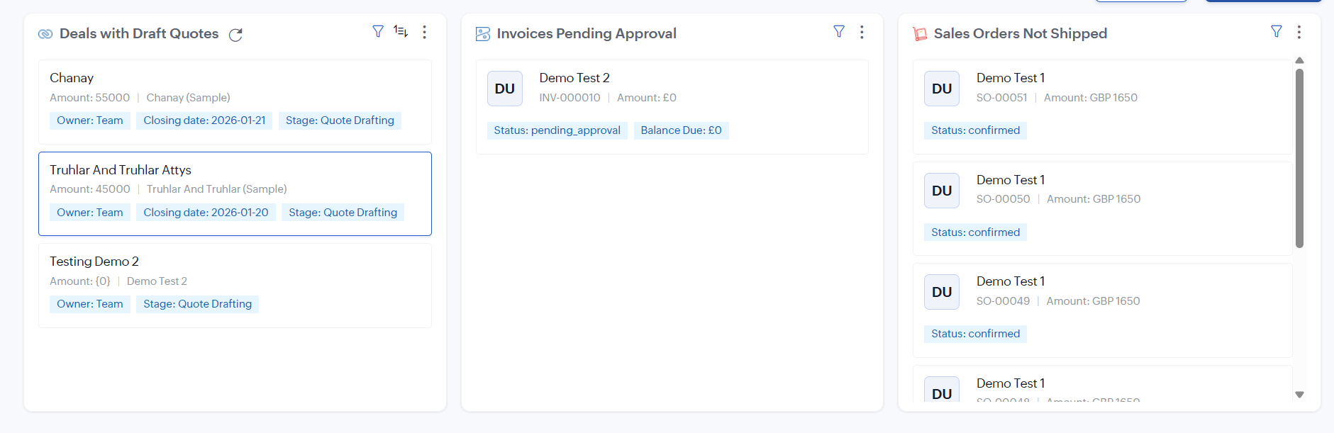 A generic CRM/finance dashboard that represents the client’s new quote‑to‑order and finance setup