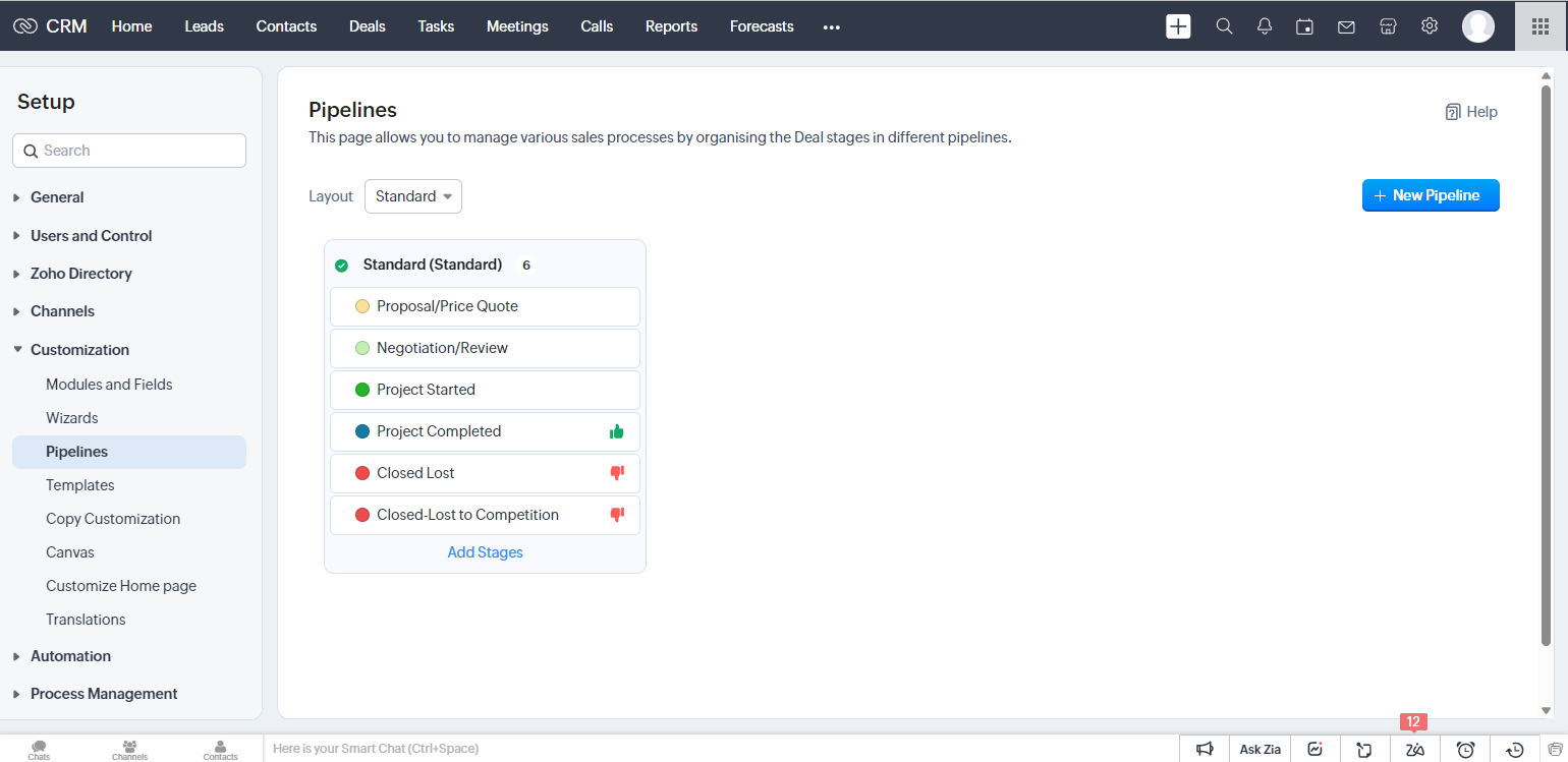 Screenshot showing Zoho CRM Deals Pipeline Setup